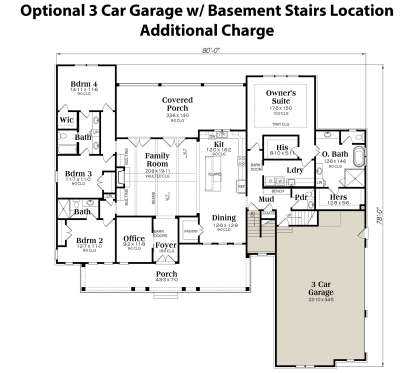 Optional 3 Car Garage Main Floor w/ Basement Stairs Location for House Plan #009-00309