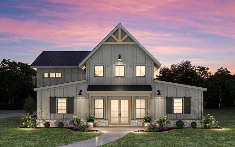 House Plan House Plan #29269 Front Elevation at Dusk