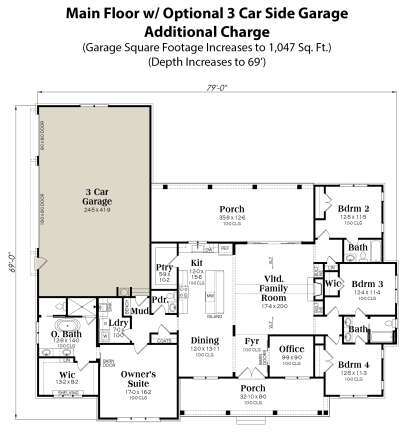 Optional 3 Car Side Garage for House Plan #009-00388