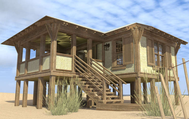 A tiny house on the beach with a covered front porch.