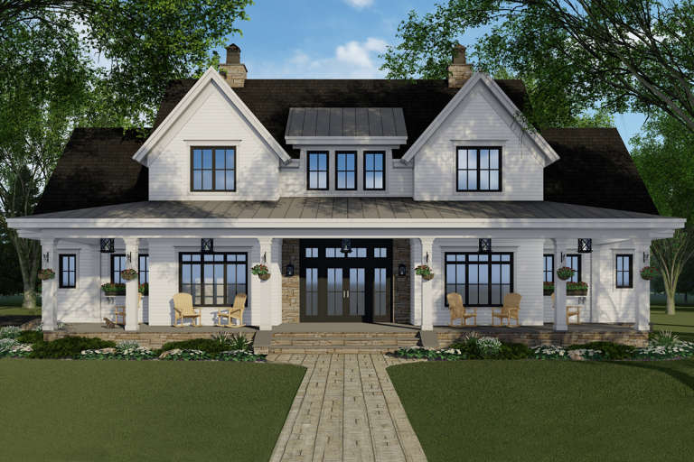 A white, two-story modern farmhouse