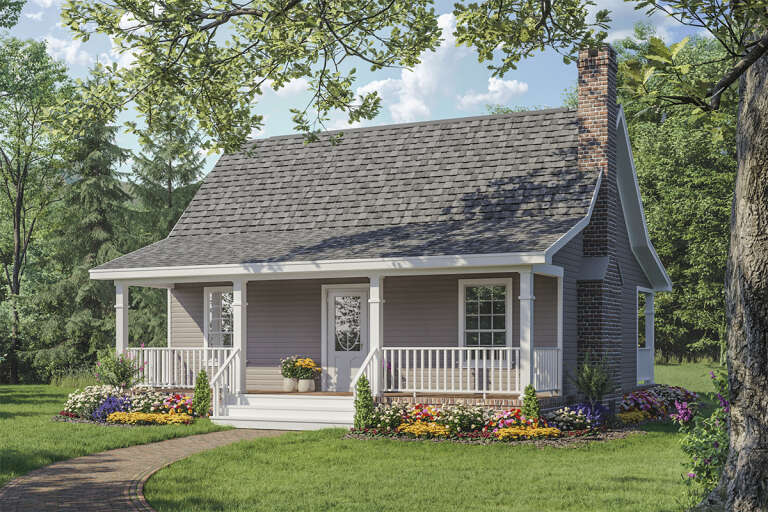 An illustration of a tiny home in the country with a covered front porch.