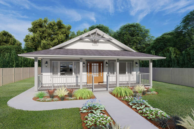 A white Prairie Craftsman Bungalow home with gray trim and a large front porch.