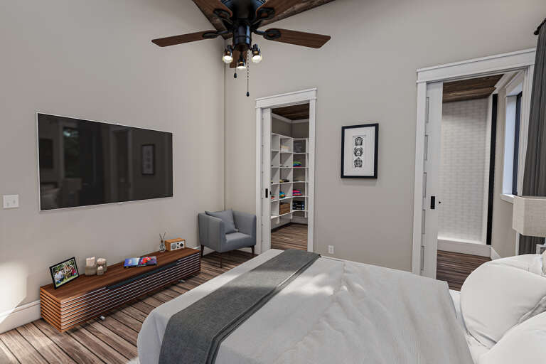 A minimalist bedroom featuring a modern home interior design with a walk-in closet and bathroom.