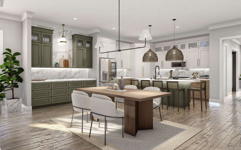 The modern home interior design in this photo showcases a neutral color palette and open floor plan.