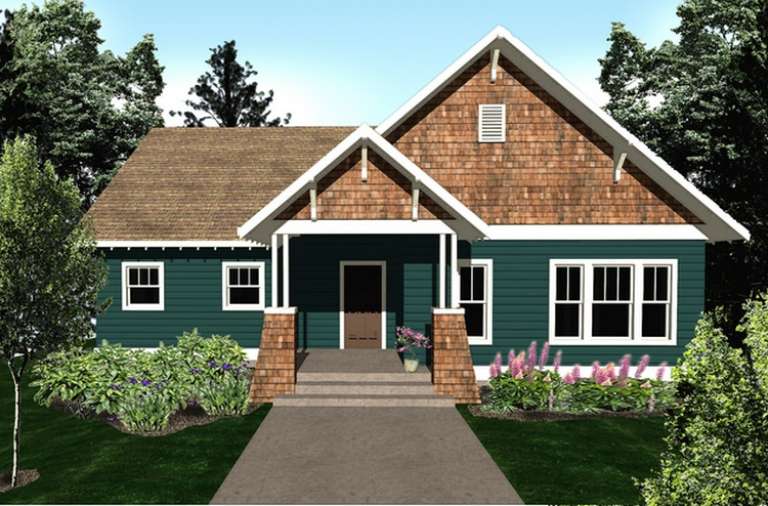 A gray stone Chicago Craftsman Bungalow home with wood trim, large windows and an attached pergola.