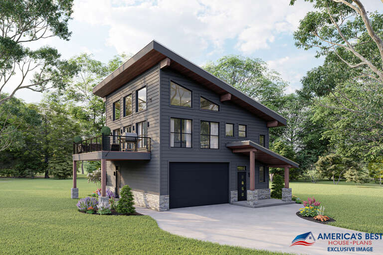 Two-story modern home with wood accents, a second-floor patio, and a drive-under garage.