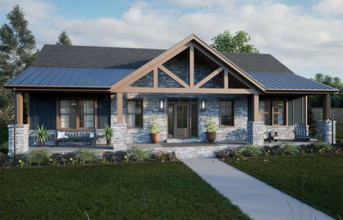 A Classic Craftsman Bungalow with a stone façade and large front porch.