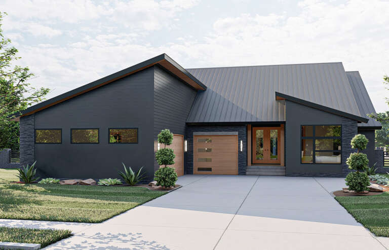 An ultra-modern home design with dark gray paneling, stones, and wood accents on the door.