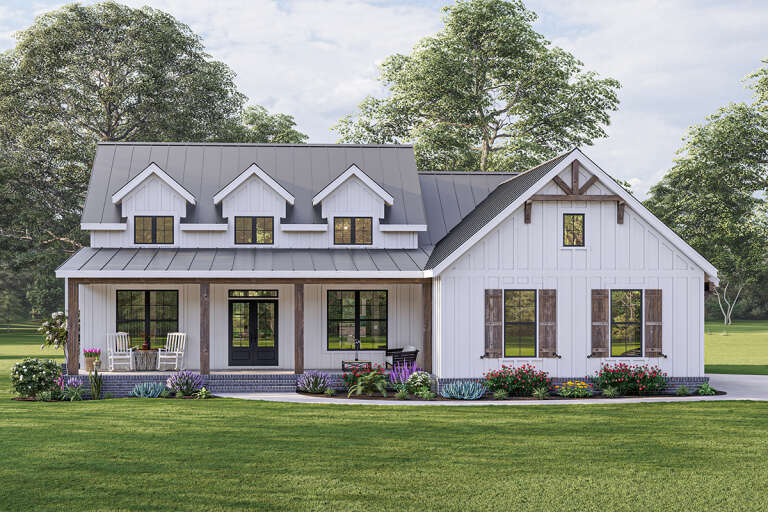 A white Modern Farmhouse plan with 3 bedrooms and many windows offering natural light