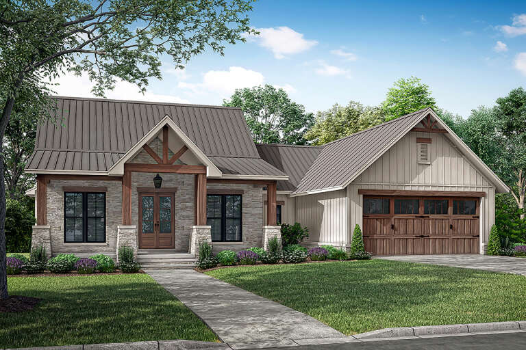 A stone bungalow 3-bedroom house floor plan featuring wood trim, columns, and an attached garage.