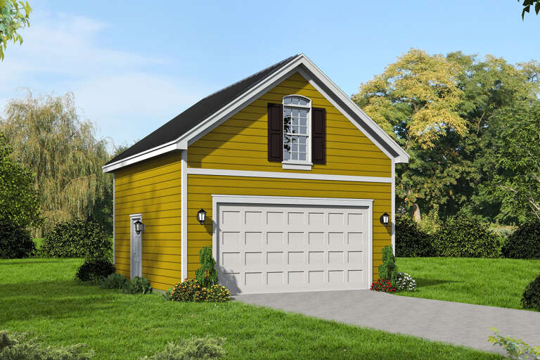 A yellow, 2-car detached garage with an apartment loft with white doors and siding.
