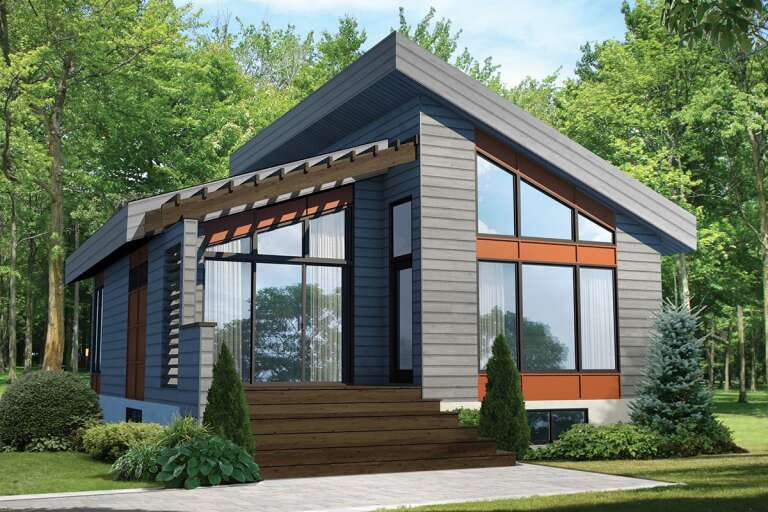 A gray, Modern 800 sq ft house with lots of large windows.