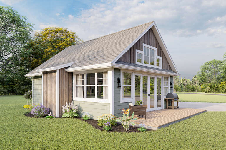 A wood-paneled 800 sq ft house with large French doors leading into the home.