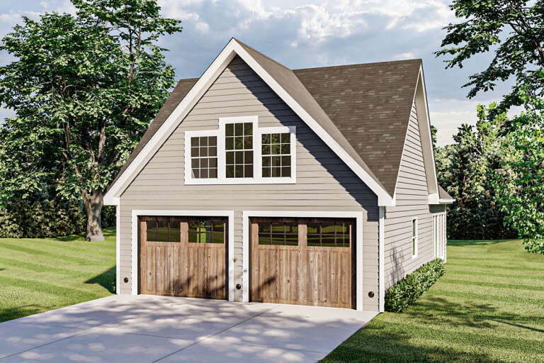 3-car detached garage with apartment loft with white siding and natural wood grain doors.