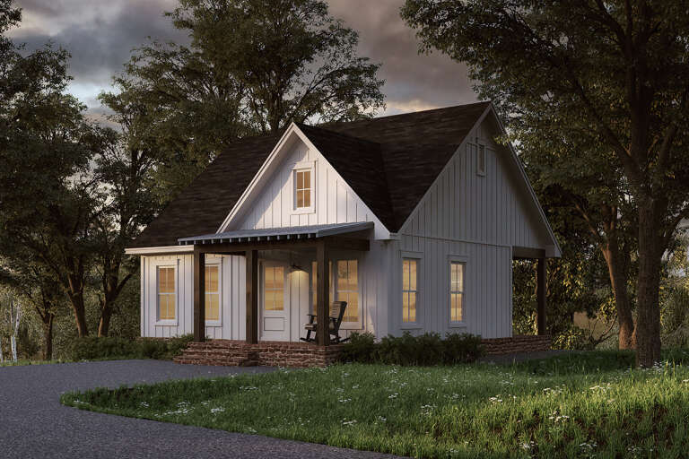 A white 800 sq ft house plan with natural wood trim and a cobblestone front porch.