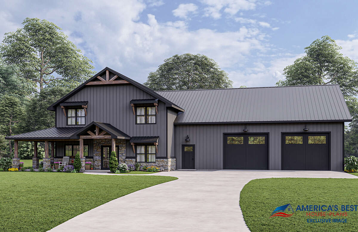 What is a barndominium? This is a gray barndominium with natural wood trim and living quarters.