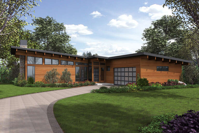 A wood-paneled, modern ranch American house floor plan with numerous floor-to-ceiling windows.