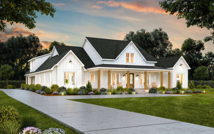A modern farmhouse American floor plan with natural wood columns and a large front porch.