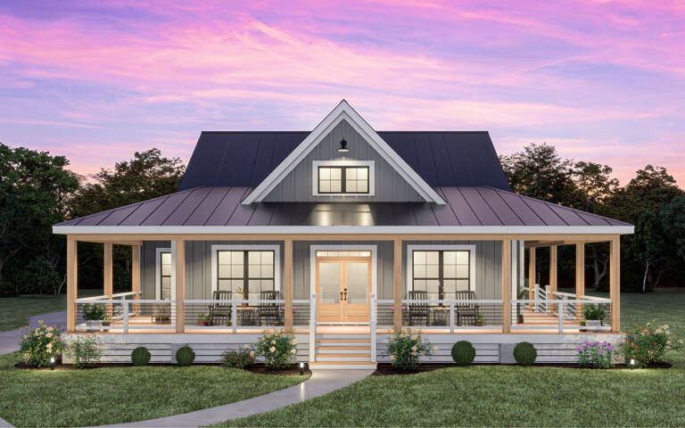  A gray American house floor plan with an expansive wrap-around front porch