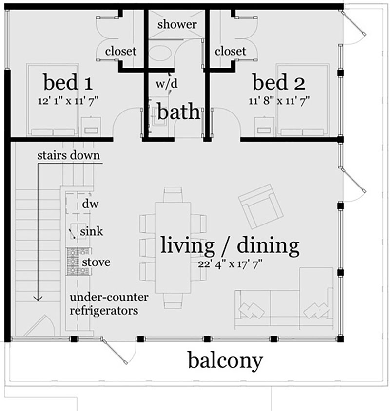 Modern Plan 930 Square Feet, 2 Bedrooms, 1 Bathroom 028