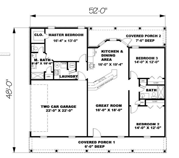 Ranch Plan  1 500  Square  Feet  3 Bedrooms 2 Bathrooms 