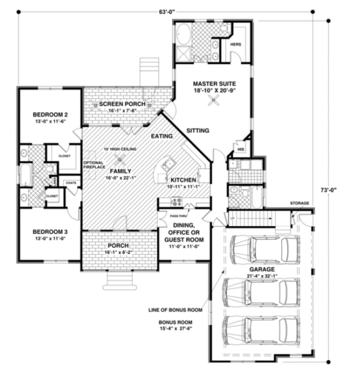 Traditional Plan: 1,800 Square Feet, 3-4 Bedrooms, 3 Bathrooms - 036-00061