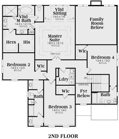2nd floor with master suite, sitting area, 3 beds, 2 baths, laundry, WICs, and open-to-below family room and foyer. House Plan # 009-00094 Second Floor Floor Plan Drawing by America's Best House Plans, Inc.