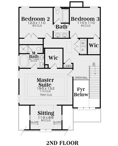 Upper level with master suite, sitting area, tray ceiling, 2 bedrooms, shared bath, WIC, and laundry. House Plan # 009-00095 Second Floor Floor Plan Drawing by America's Best House Plans, Inc.