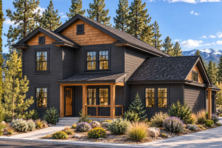 Angled front view of a charcoal Craftsman house, wood shingle accents, covered porch, gabled roof, and pine landscaping. House Plan # 035-00340