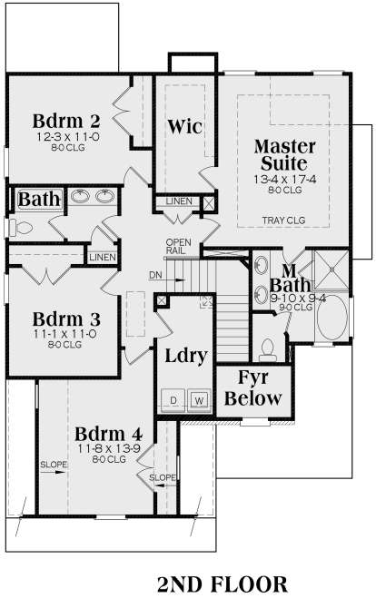 2nd floor with 3 beds, master suite with WIC and bath, shared bath, laundry, and open-to-below foyer area. House Plan # 009-00097 Second Floor Floor Plan Drawing by America's Best House Plans, Inc.