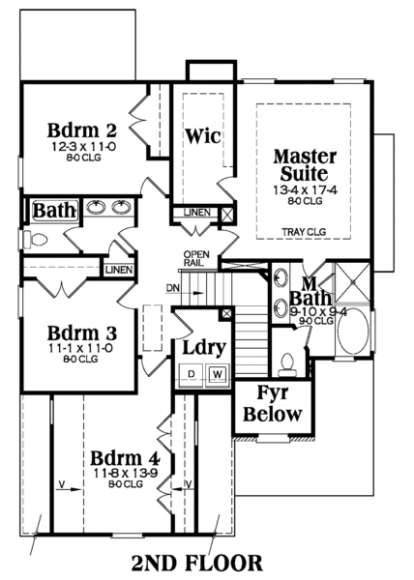 2nd floor with 3 bedrooms, master suite with tray ceiling, 2 baths, WIC, laundry, and open-to-below foyer. House Plan # 009-00098 Second Floor Floor Plan Drawing by America's Best House Plans, Inc.