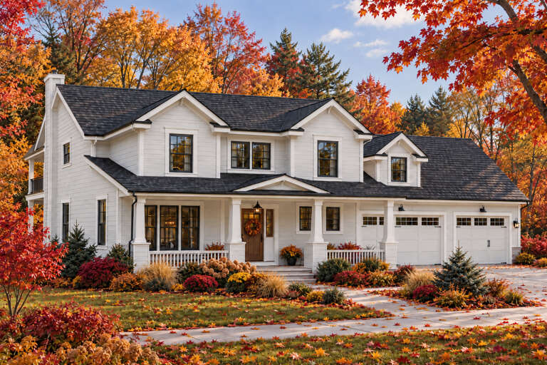Angled front view of a white house in Cottage style, dark roof, black windows, covered porch, and autumn landscaping. House Plan # 035-00352