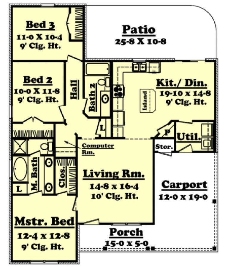 Country Plan - 1,350 Square Feet, 3 Bedrooms, 2 Bathrooms | Floor Plan ...