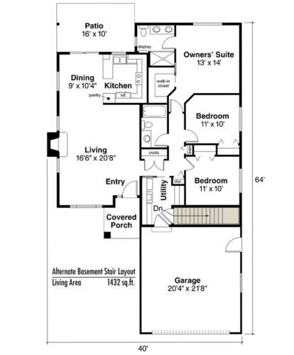 Main Floor w/ Basement Stair Location for House Plan #035-00470