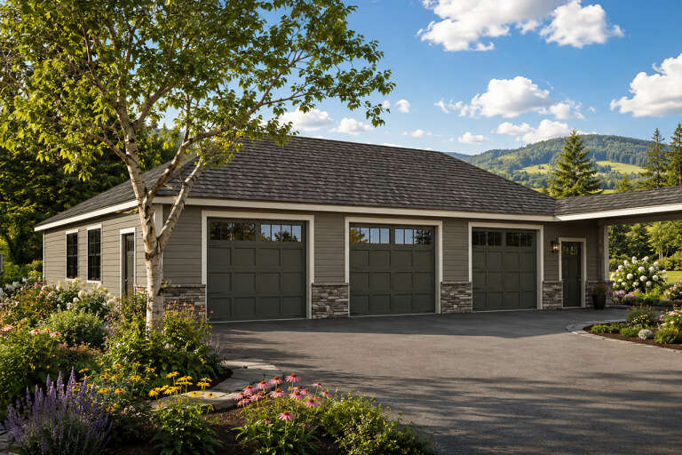 Grey Traditional, Angled Front Elevation, lap siding, stone base, three garage doors, lantern lighting, lush landscaping. House Plan # 035-00514 Digital Rendering by America's Best House Plans, Inc.