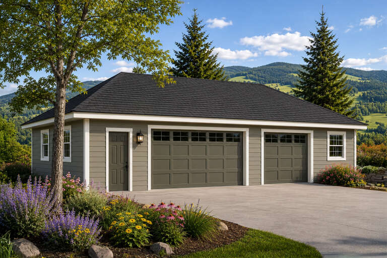 Olive Country, Angled Front Elevation, lap siding, dark shingle roof, lantern lighting, concrete drive, floral garden. House Plan # 035-00533 Digital Rendering by America's Best House Plans, Inc.