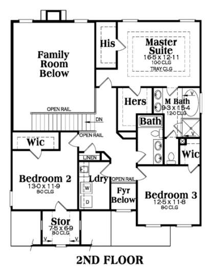 Second floor with master suite, master bath, 2 bedrooms, laundry, storage, and open-to-below family room area. House Plan # 009-00113 Second Floor Floor Plan Drawing by America's Best House Plans, Inc.