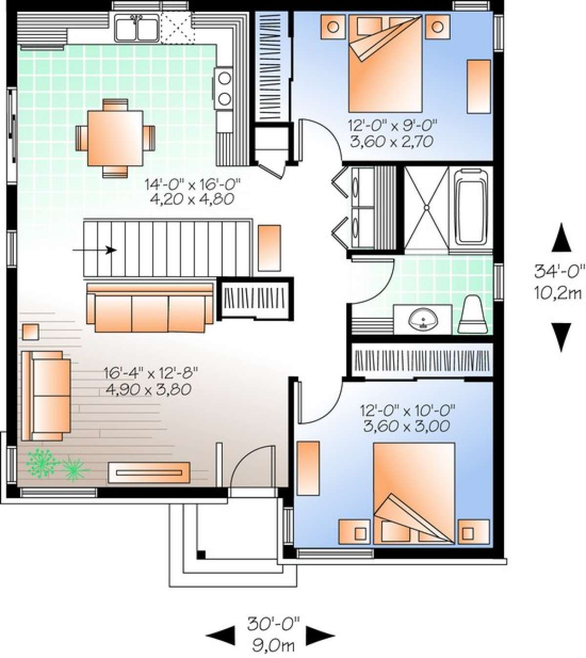 Narrow Lot Plan: 962 Square Feet, 2 Bedrooms, 1 Bathroom - 034-00968