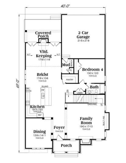 Main floor with 1 bed, 1 bath, kitchen, breakfast area, keeping room, dining, family room, mudroom, and 2-car garage. House Plan # 009-00201 Main Floor Floor Plan Drawing by America's Best House Plans, Inc.