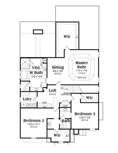 Second floor with master suite, sitting area, 2 additional beds, shared bath, loft, laundry, and multiple WICs. House Plan # 009-00201 Second Floor Floor Plan Drawing by America's Best House Plans, Inc.