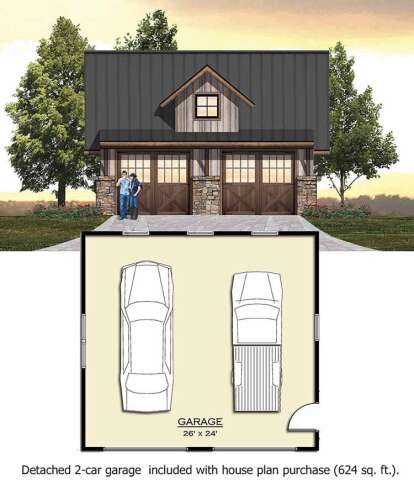 Detached Garage, 2-car garage, 624 sq. ft. unheated space. House Plan # 8504-00028 Detached Garage Floor Plan Drawing by America's Best House Plans, Inc.
