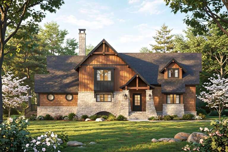 Brown Mountain Rustic, Front Elevation with stone base, wood siding, timber accents, lanterns, and lush landscaping. House Plan # 8504-00075 Digital Rendering by America's Best House Plans, Inc.