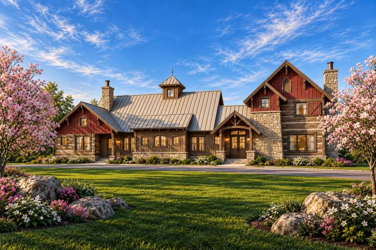 Front view of a red and brown house in Cabin style, stone base, metal roof, cupola, and blooming spring landscaping. House Plan # 8504-00084