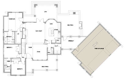 Main Floor w/ Optional 3 Car Garage: 3BR, 2.5BA, Foyer, Family, Dining, Kitchen, Nook, Ldry, WIC, Lanai, BBQ Porch, Breezeway. House Plan # 9401-00004 Main Floor w/ Optional 3 Car Garage Floor Plan Drawing by America's Best House Plans, Inc.
