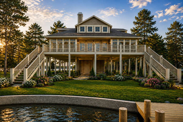 Tan Coastal, Angled Rear Elevation, elevated stilt home, shingle siding, dual staircases, lush garden, and dock at dusk. House Plan # 1070-00239 Digital Rendering by America's Best House Plans, Inc.
