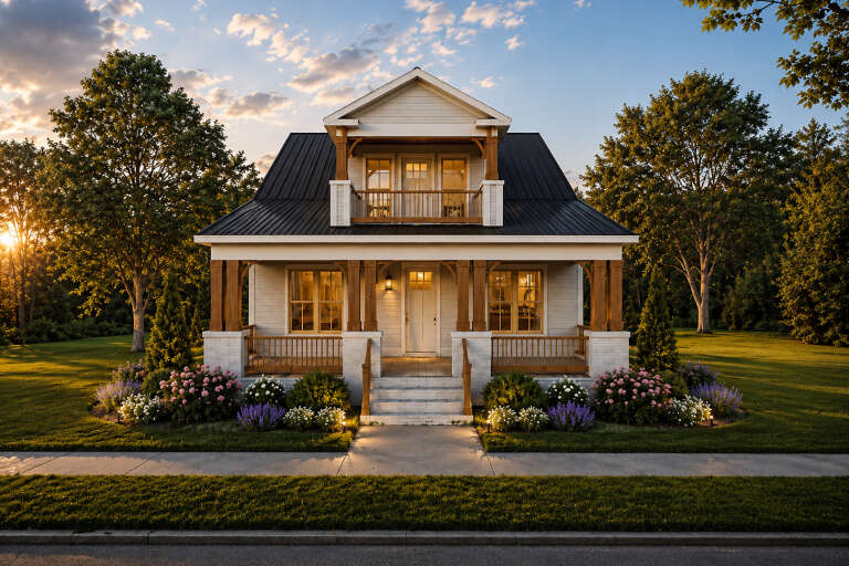 White Cottage, Front Elevation with metal roof, wood accents, lit porch, stone base, and lush blooming landscaping. House Plan # 1070-00254 Digital Rendering by America's Best House Plans, Inc.