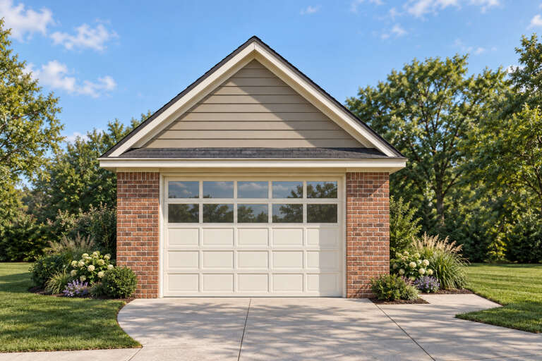 Front view of a brick and tan house in Small style, gabled roof, and single-bay garage with glass-paneled door. House Plan # 1070-00265
