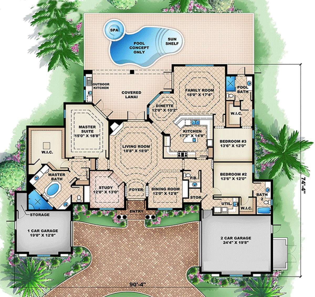 House Plan 1018-00064 - Mediterranean Plan: 3,242 Square Feet, 3 Bedrooms, 3.5 Bathrooms This Mediterranean house plan features a spacious 3,242 square foot layout with 3 bedrooms and 3.5 bathrooms. The design includes a grand entrance, open floor plan, and outdoor living space perfect for entertaining and enjoying the warm Mediterranean climate.