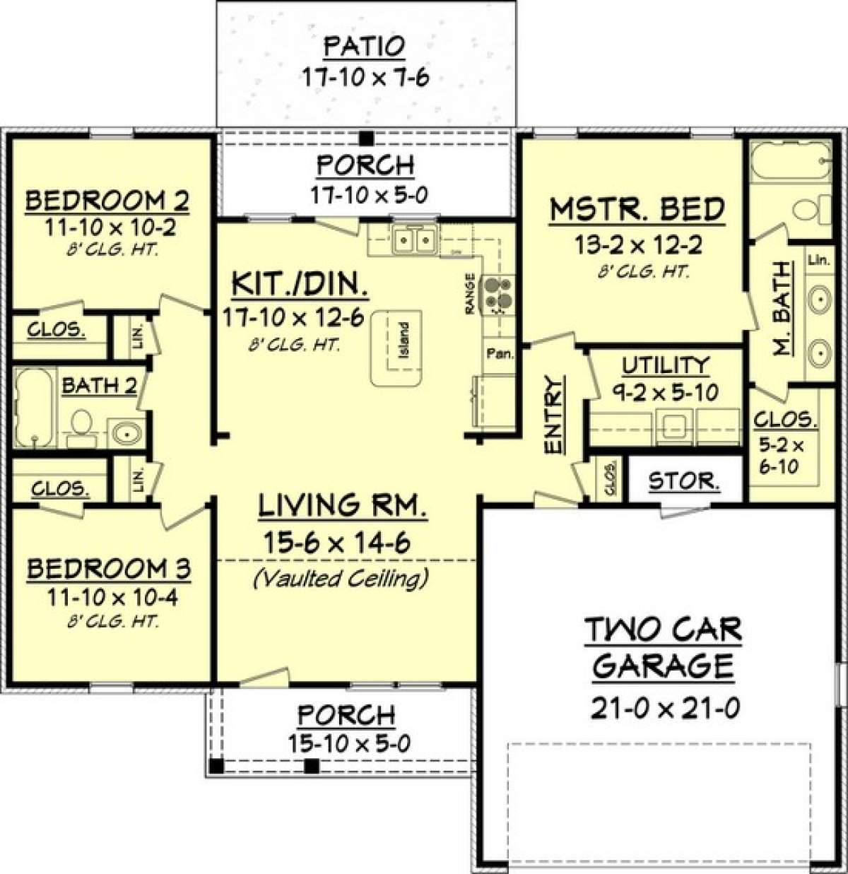 Ranch Plan: 1,300 Square Feet, 3 Bedrooms, 2 Bathrooms - 041-00054